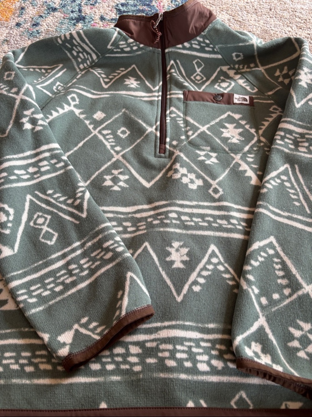 The North Face Men’s Green and White Patterned Zip-Up Fleece Pullover